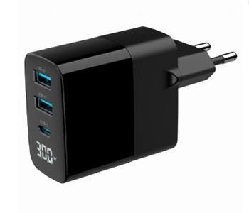 univerzálna USB nabíjačka ENERGENIE 220V/2x USB + 1x USB typ C, PD QC 30W, LCD displej, čierna