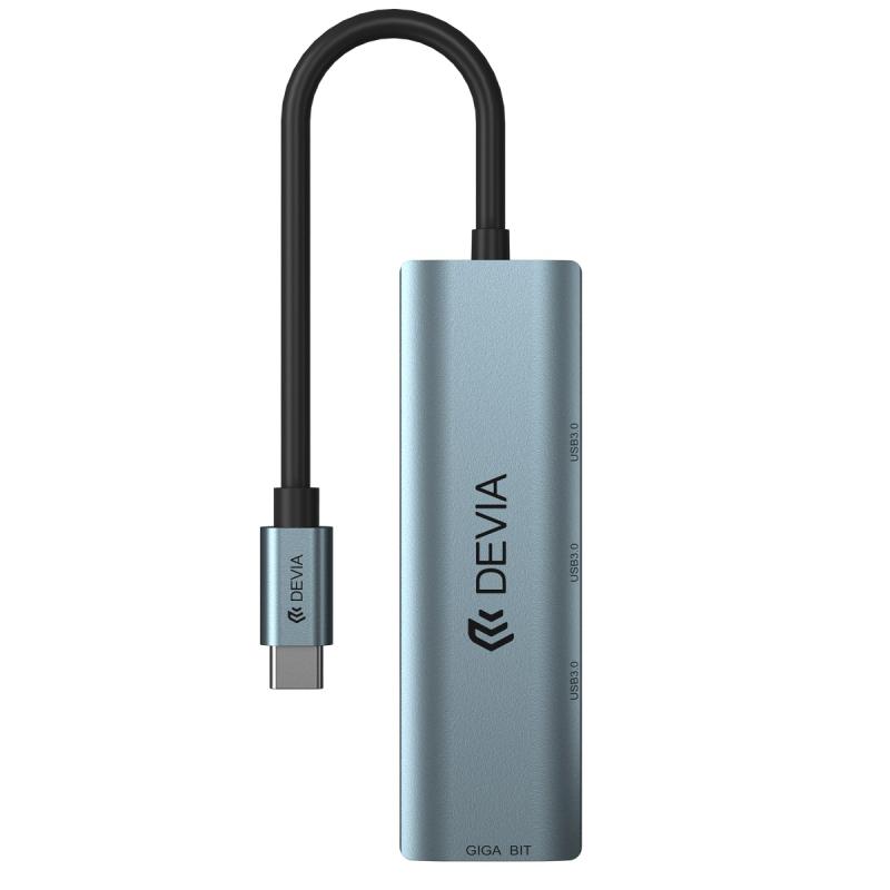 adaptér Devia HUB 4in1 EC621 USB-C 3.1 to 3x USB 3.0 + RJ45 sivý