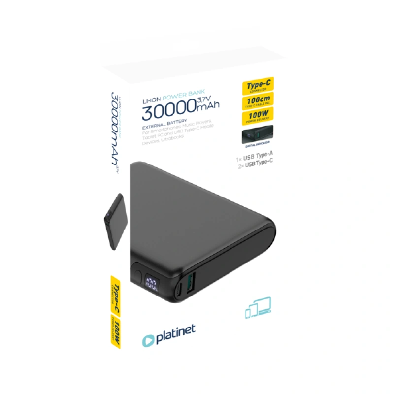 Platinet PMPB30DL301B Powerbanka 30000 mAh 100W Power Delivery, 2xUSB-C, 1xUSB-A, black 9