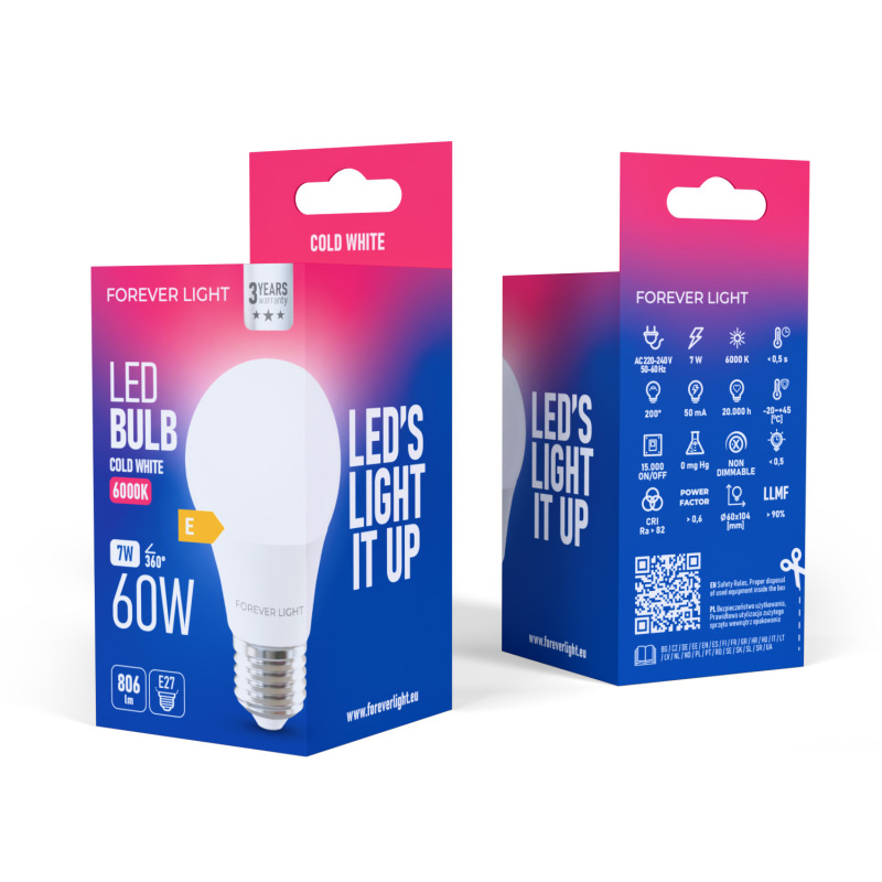 LED žiarovka Forever E27 A60 7W 806lm 6000K (studená biela) en. trieda E 2