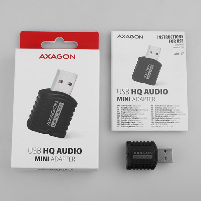 AXAGON ADA-17 USB mini audio, redukcia USB na 2x 3,5mm Jack (slúchadlá + mikrofón) HQ audio, 24-bit/ 4