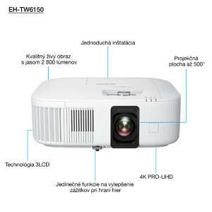 projektor EPSON EH-TW6150, 3LCD, 2800ANSI, 4K PRO-UHD, 35.000:1, HDMI + platno