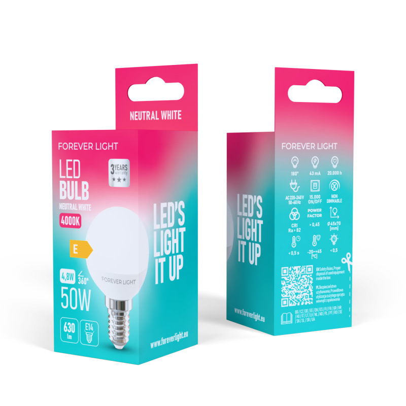 LED žiarovka Forever E14 G45 4.8W 630lm 4000K (neutrálna biela) en. trieda E 2