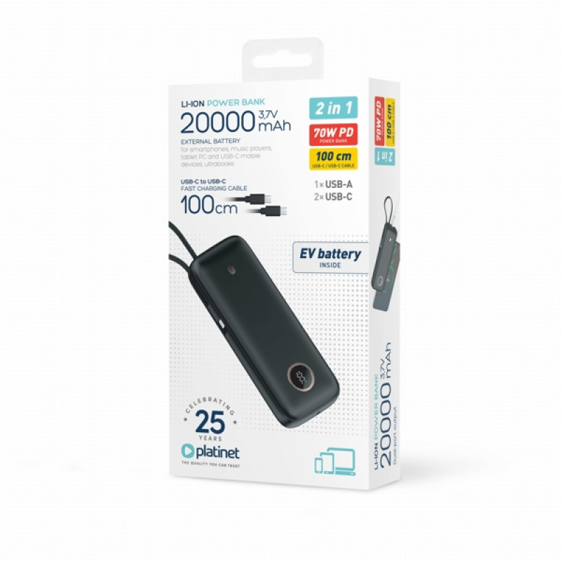 Platinet PMPB2070 Powerbanka 20000 mAh 70W Power Delivery, 1xUSB-C, 1xUSB-A, kábel USB-C 1m, black 8