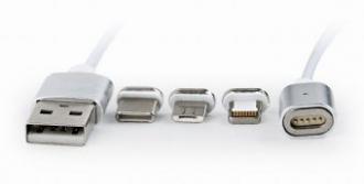 kábel z USB na lightning (Apple iPhone) + USB typ C + micro USB, magnetické koncovky, 1m, strieborný