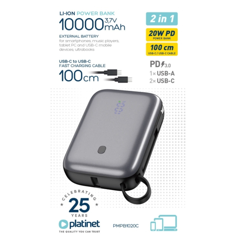 Platinet PMPB1020C Powerbanka 10000 mAh 20W Power Delivery, 2xUSB-C, 1xUSB-A, kábel USB-C 1m, black 4