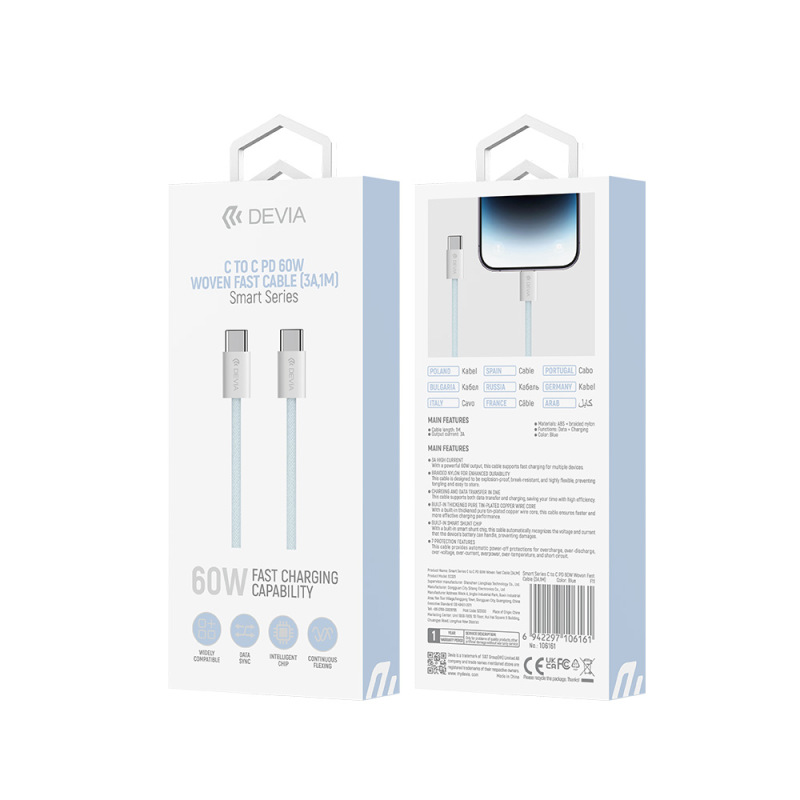 kábel Devia Smart EC325 PD USB-C - USB-C 1,0 m 60W 3A modrý 3