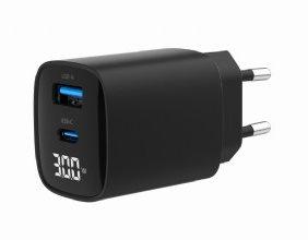 univerzálna USB nabíjačka ENERGENIE 220V/1x USB + 1x USB typ C, PD QC 30W, LCD displej, čierna