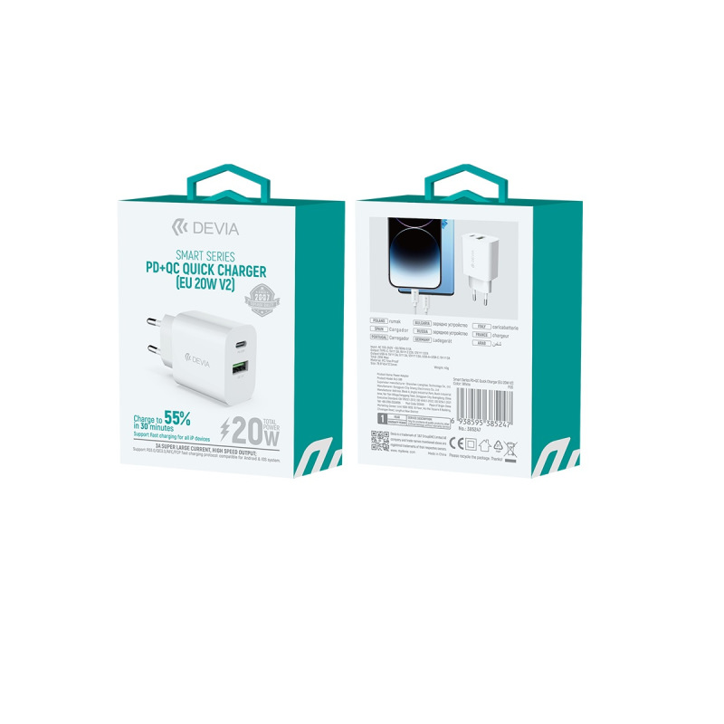 nabíjačka Devia Smart PD 1x USB-C 1x USB 20W biela 1
