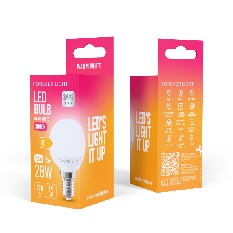 LED žiarovka Forever E14 G45 2.2W 270lm 3000K (teplá biela) en. trieda E 2