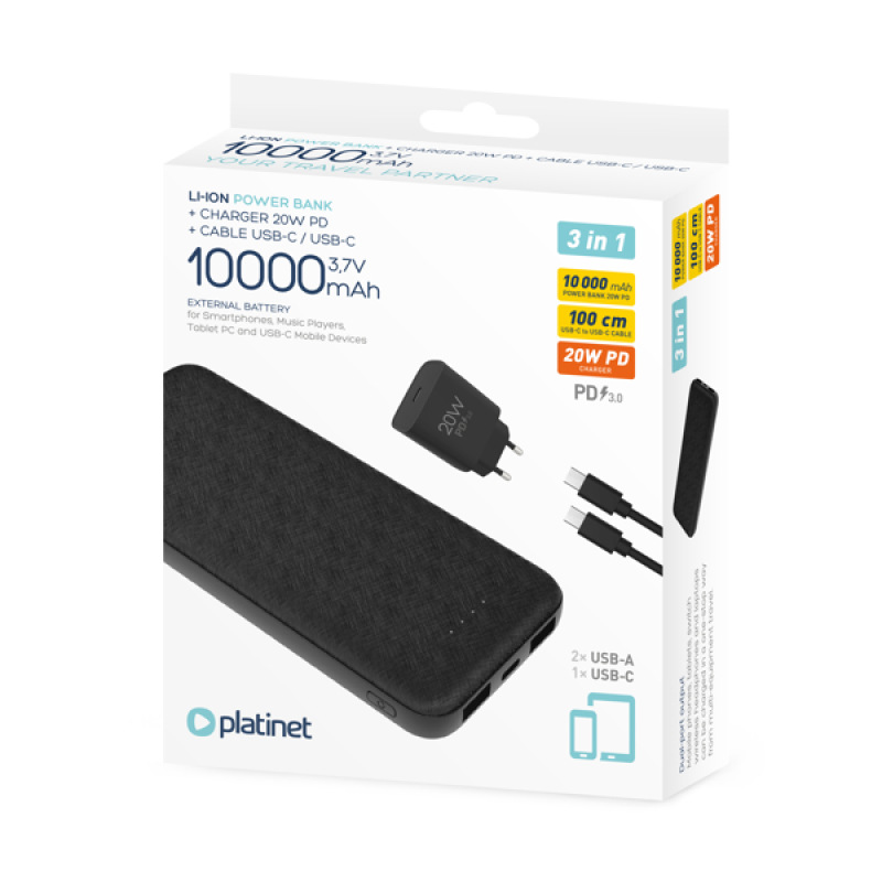 Platinet PMPB10SETB SET 3v1 Powerbanka 10000 mAh, Nabíjačka 20W Power Delivery, kábel USB-C 1m, blac 1