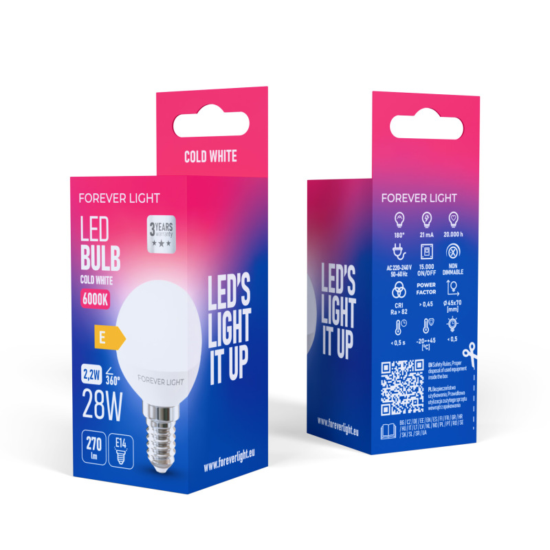 LED žiarovka Forever E14 G45 2.2W 270lm 6000K (studená biela) en. trieda E 2