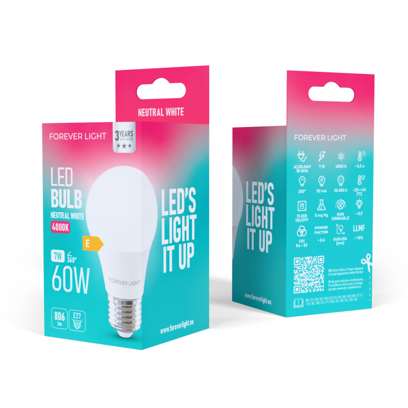 LED žiarovka Forever E27 A60 7W 806lm 4000K (neutrálna biela) en. trieda E 2