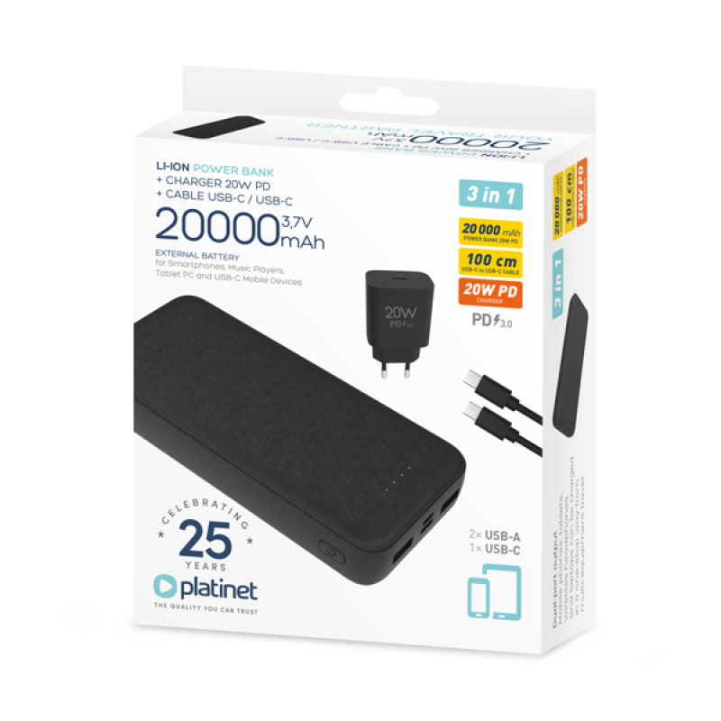 Platinet PMPB20SETB SET 3v1 Powerbanka 20000 mAh + Nabíjačka 20W Power Delivery, kábel USB-C 1m, bla 5