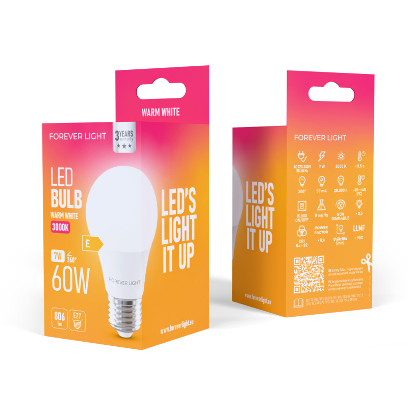 LED žiarovka Forever E27 A60 7W 806lm 3000K (teplá biela) en. trieda E 2