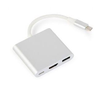 USB hub typ C, multi adaptér - HDMI / USB 3.0 / USB typ C, strieborný, GEMBIRD