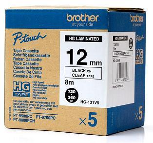 páska BROTHER HGe131 čierne písmo, transparetná páska HQ Tape (12mm) (5 ks)